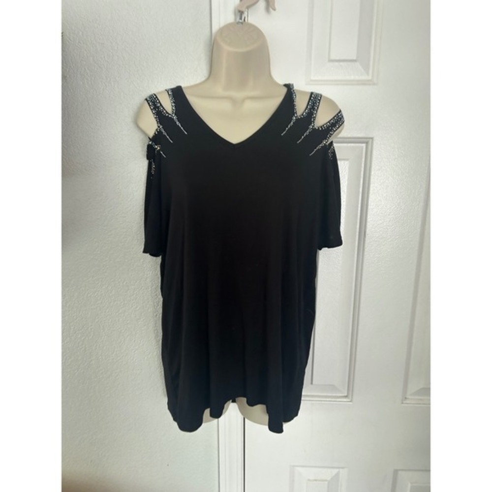 Vocal USA Black Cold Shoulder Rhinestone Embellished V-Neck Top Short Sleeve